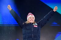 Silver medallist Norway's Maren Lundby celebrates on the podium during the award ceremony of the Women�s Ski Jumping Large Hill HS138 competition of the FIS Nordic World Ski Championships in Kranjska Gora on March 1, 2023. (Photo by Jure Makovec / AFP)