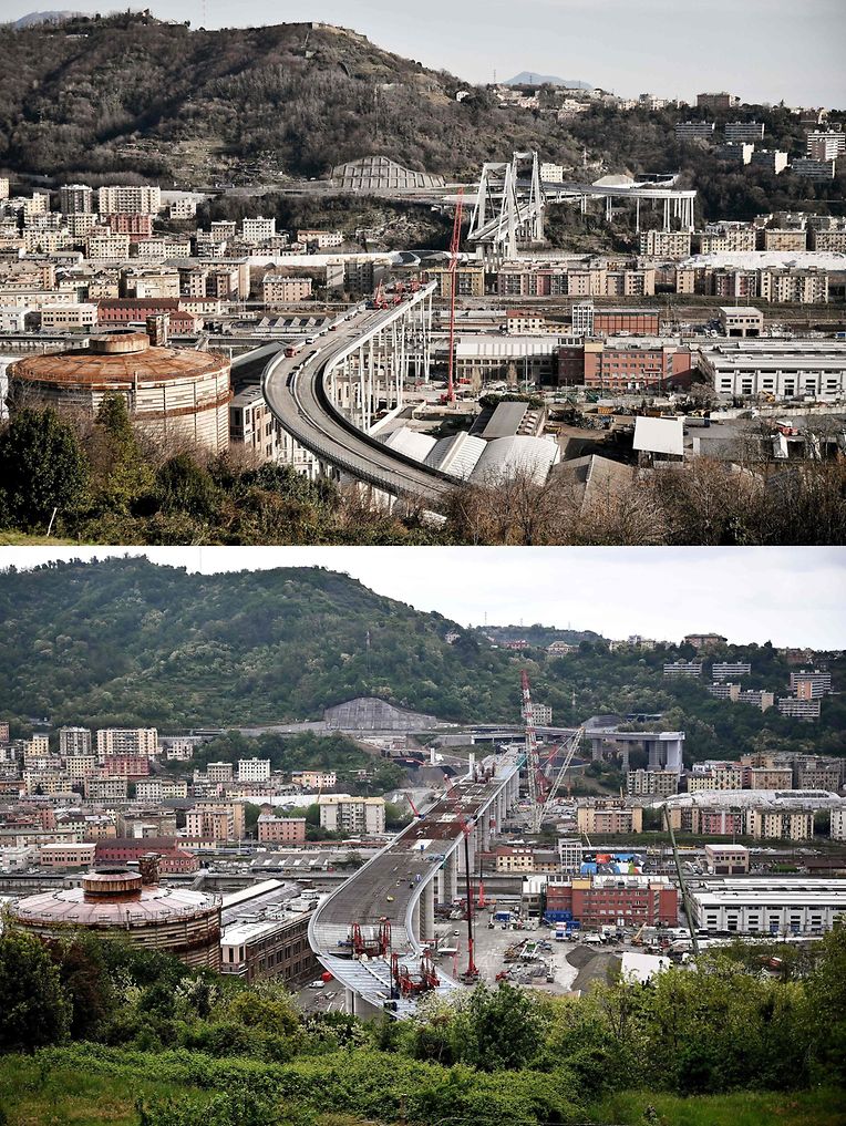 Ein Vorher-Nachher-Vergleich zeigt die alte (oben) und neue Brücke in Genua.