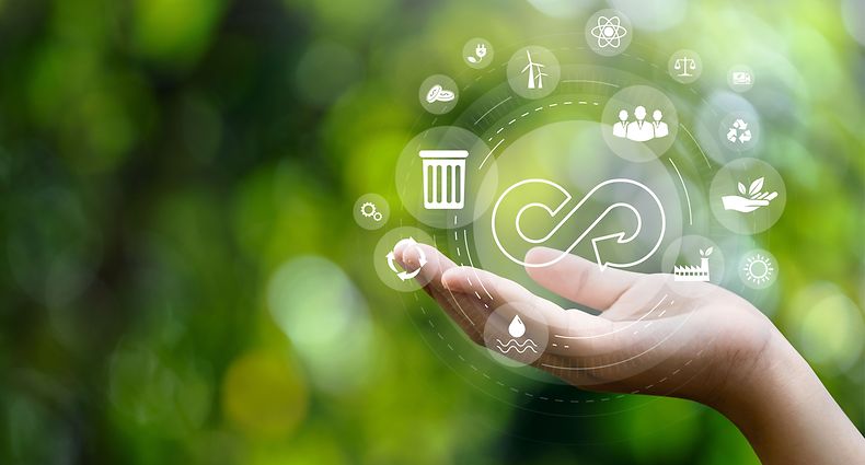 circular economy symbol on hand icon with an endless circular economy in the concept of sustainable business and environmental growth in the future