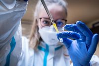 19.03.2021, Hessen, Königstein: Koordinierungshelferin Victoria Anschütz steht bei einem Pressetermin im Labor des neuen mobilen Testcenters am Königsteiner Taunusgymnasium und bereitet die Auswertung eines Corona-Schnelltests vor. Das neue Fahrzeug zur SARS-CoV-2-Testung kann bei einem Ausbruchsgeschehen an Schulen innerhalb von 24 Stunden vor Ort eingesetzt werden. Foto: Frank Rumpenhorst/dpa +++ dpa-Bildfunk +++