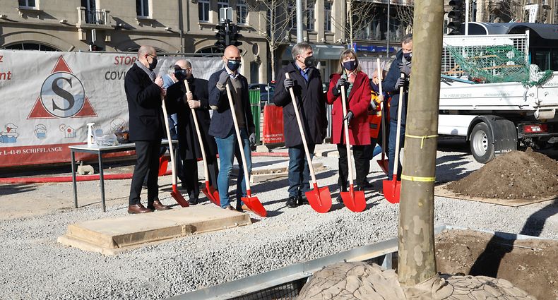 François Bausch e Lydie Polfer assistem à colocação dos plátanos. 