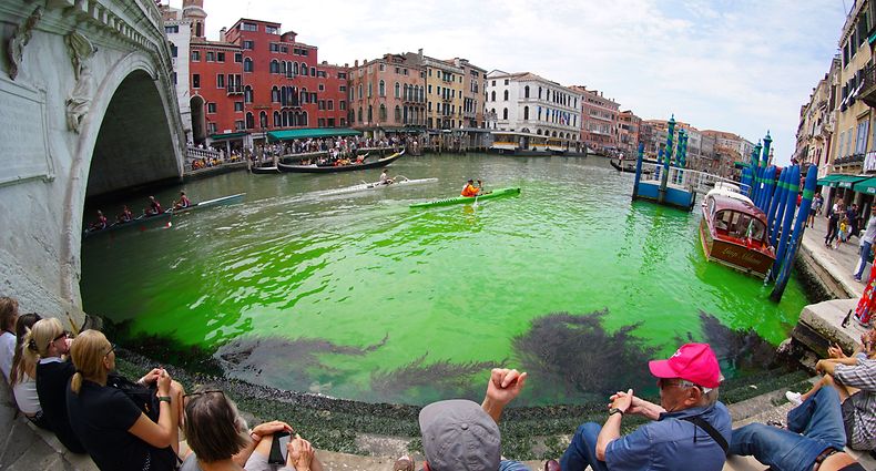 A photo taken and made available on May 28, 2023 by Italian news agency Ansa, shows fluorescent green waters below the Rialto Bridge in Venice's Grand Canal. The prefect called an urgent meeting on May 28 with the police to investigate the origin of the liquid, as gondoliers were getting lost in conjectures about the color's origin. (Photo by STRINGER / ANSA / AFP) / Italy OUT