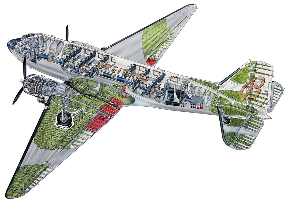 Blick ins Innere der Breitling DC-3.Die robuste Bauweise als eines der ersten Flugzeuge in Ganzmetallbauweise trug maßgeblich dazu bei, dass die Maschinen auch nach Jahrzehnten noch einsatzfähig sind.