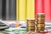 Euro banknotes and coins in front of the national flag of Belgium