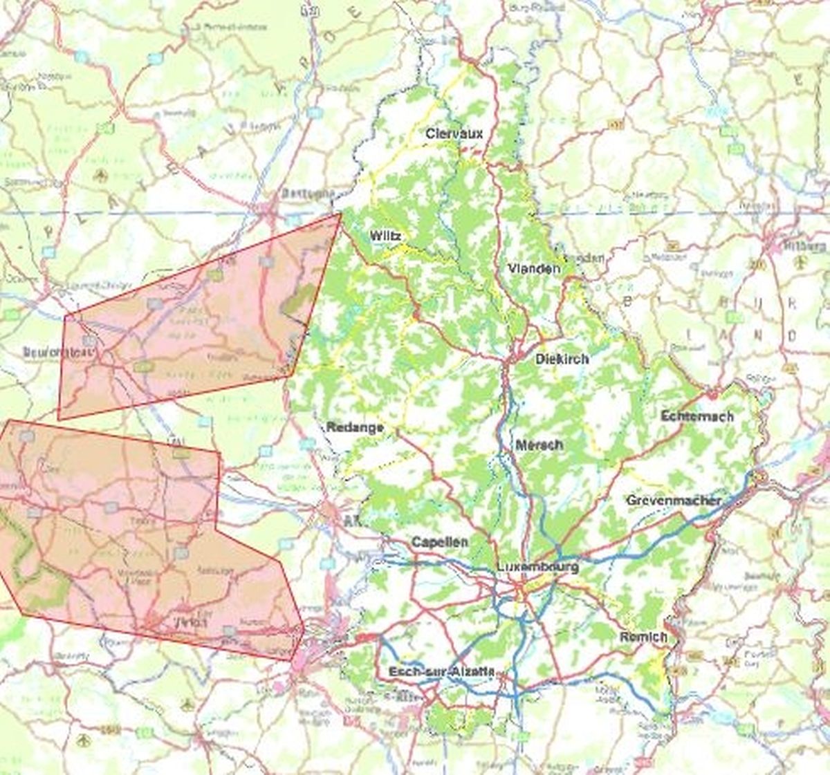 As duas zonas de armazenamento geológico de resíduos nucleares mais próximos do Luxemburgo.