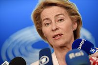 (FILES) In this file photo taken on July 03, 2019, Ursula von der Leyen then German Defence Minister and newly-appointed EU commission speaks to journalists during the first plenary session of the newly elected European Assembly at the European Parliament in Strasbourg, eastern France. - Germany's Ursula von der Leyen, future President of the European Commission, is due to unveil her new EU leadership team on September 10, which should be very close to gender parity as she has promised. (Photo by FREDERICK FLORIN / AFP)