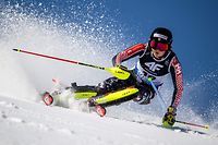 Canada's Laurence St-Germain competes during the first run of the Women's Slalom event of the FIS Alpine Ski World Championship 2023 in Meribel, French Alps, on February 18, 2023. (Photo by Fabrice COFFRINI / AFP)