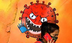 A girl walks past a mural depicting the Covid-19 coronavirus in New Delhi on November 23, 2020. (Photo by Sajjad HUSSAIN / AFP)