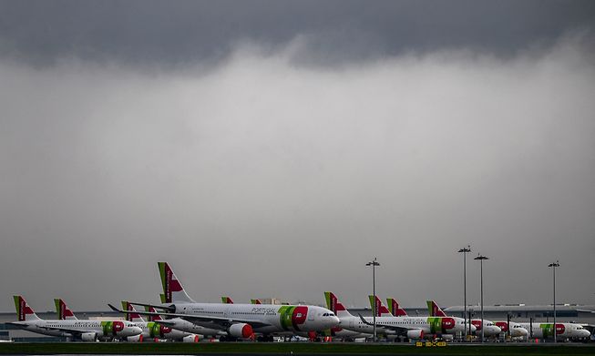 TAP Air Portugal planes sit on the tarmac at Humberto Delgado airport in Lisbon