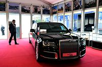 A picture shows a Russian Aurus Senat armoured car on display during the St Petersburg International Economic Forum (SPIEF), at the ExpoForum convention and exhibition centre in Saint Petersburg, on June 15, 2022. (Photo by Olga MALTSEVA / AFP)