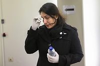 Nidhi Chaphekar, victim of the terror attacks, former cabin manager for Indian airline Jet Airways, who wrote a book called 'Herboren', reacts after her testimony at a session of the trial of the attacks of March 22, 2016, at the Brussels-Capital Assizes Court, on March 7, 2023 at the Brussels' courthouse. (Photo by LAURIE DIEFFEMBACQ / Belga / AFP) / Belgium OUT