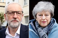 A combo shows opposition Labour party leader Jeremy Corbyn (L) leaving his home and Britain's Prime Minister Theresa May departing Downing Street in London on April 3, 2019. - Prime Minister Theresa May was to meet today with the leader of Britain's main opposition party in a bid to thrash out a Brexit compromise just days before a deadline to leave the EU. (Photo by ISABEL INFANTES / AFP)