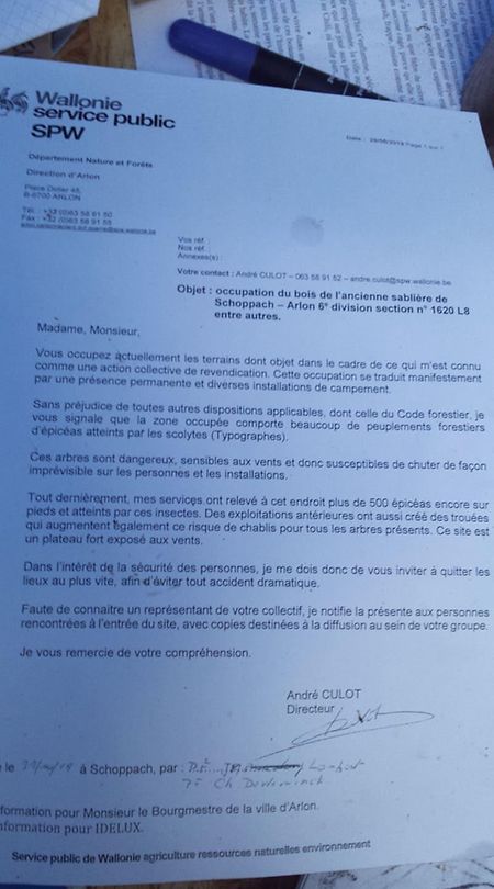 La lettre du DNF envoyée le 31 octobre aux activistes occupants du site de La Sablière à Schoppach 