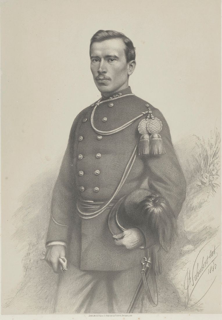 Portrait de Nicolas Grang, premier Luxembourgeois décédé au Congo en 1883. Gravure de J. Schubert, vers 1884.
