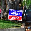 A campaign sign supporting either or neither candidate for the 2020 US Presidential elections is seen in a Pasadena neighborhood on September 27, 2020 in Pasadena, California. - US President Donald Trump and former US Vice President Joe Biden will face off in the first presidential debate for the 2020 elections. (Photo by Frederic J. BROWN / AFP)