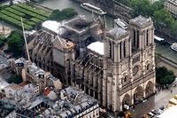 (FILES) This file aerial photo taken on June 12, 2019 in the French capital Paris shows the Notre Dame de Paris cathedral under repair after it was badly damaged by a huge fire on April 15. - April 15, 2021 marks the two years anniversary of the fire that devastated Notre-Dame-de-Paris Cathedral, in the centre of the French capital. (Photo by Lionel BONAVENTURE / AFP)