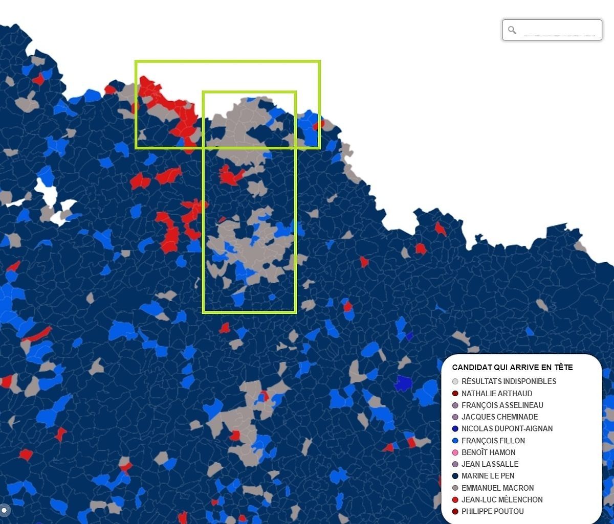 Dans l'océan bleu marine qui recouvrait la Lorraine en 2017, on remarque quelques zones grises (En Marche), rouges (La France insoumise) et bleu clair (Les Républicains).
