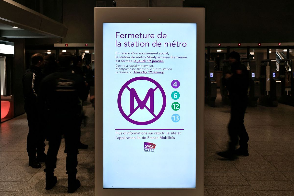A board displaying the closure of the Montparnasse metro station in Paris.