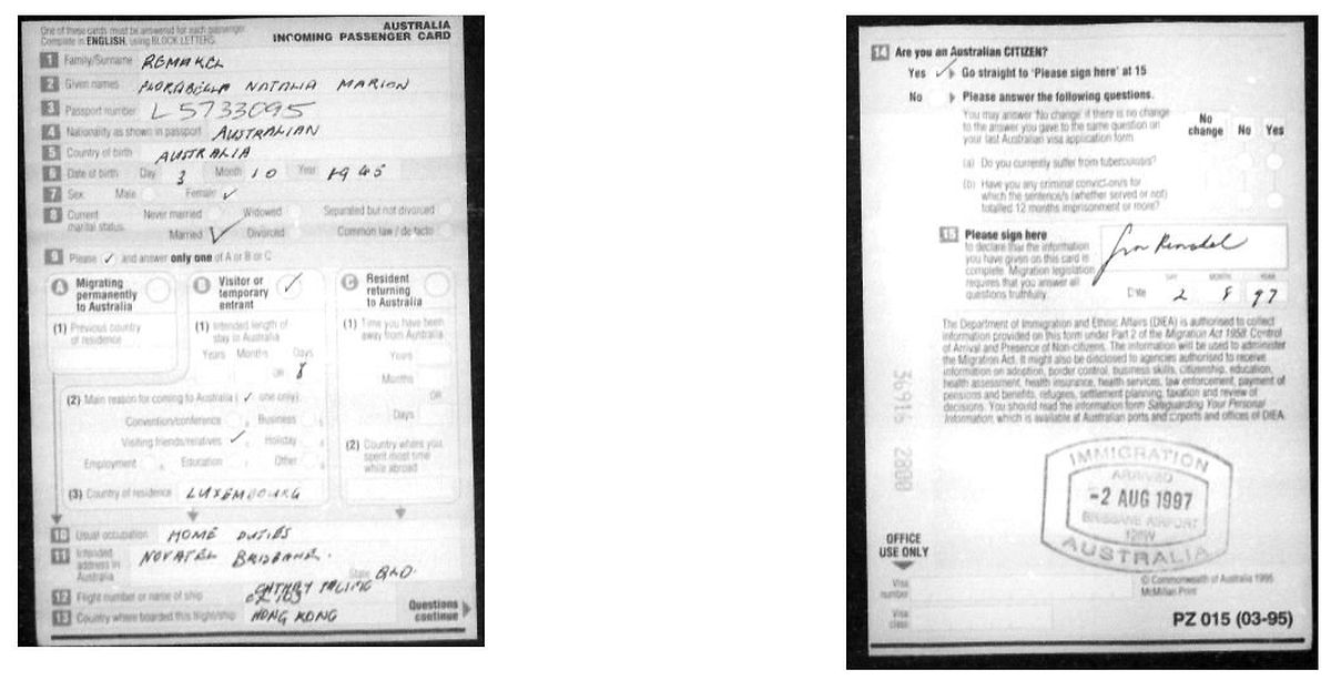 Documents d'immigration de Florabella Natalia Marion Remakel du 2 août 1997, dans lesquels elle déclare être mariée et résider au Luxembourg.