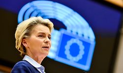 President of Commission Ursula von der Leyen delivers a speech during a session at the European Parliament, in Brussels, on December 16, 2020. (Photo by JOHN THYS / various sources / AFP)