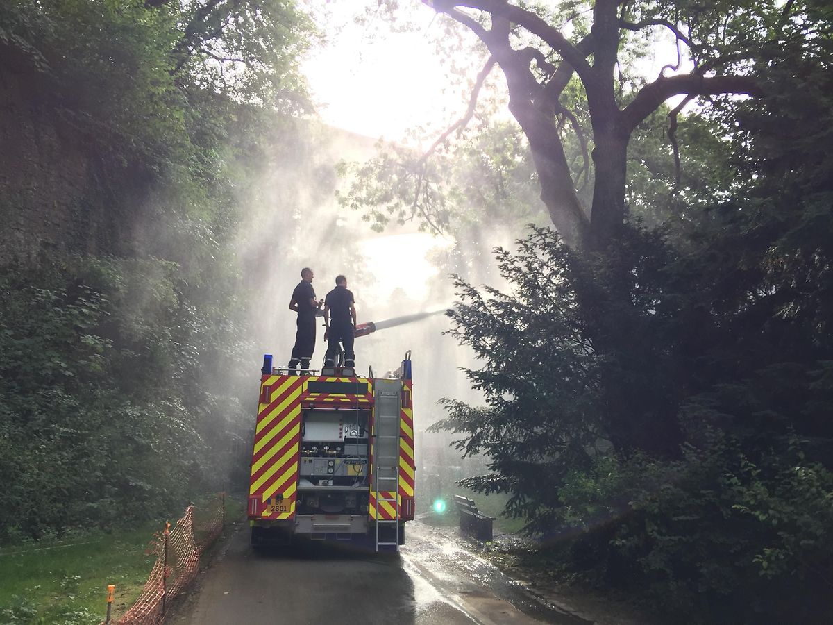 Die Feuerwehr sorgt vor: Unterhalb des Pont Adolphe wurden am Donnerstagabend Bäume und Büsche bewässert. 