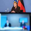 German Chancellor Angela Merkel receives virtually, via video link, the 2021 report by the Council of Experts on Research and Innovation (EFI) on February 24, 2021 in Berlin, Germany. - The report is an advisory tool for the government in setting priorities for federally-supported research and related policies. For 2021 the report emphasizes, among other topics, the further digital adaptation of advanced training, gene editing and CRISP technologies and consequences on research and innovation due to the novel coronavirus COVID-19 pandemic. (Photo by Sean Gallup / POOL / AFP)