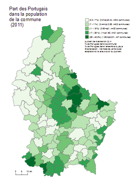 O mapa mostra a densidade populacional de portugueses por comuna