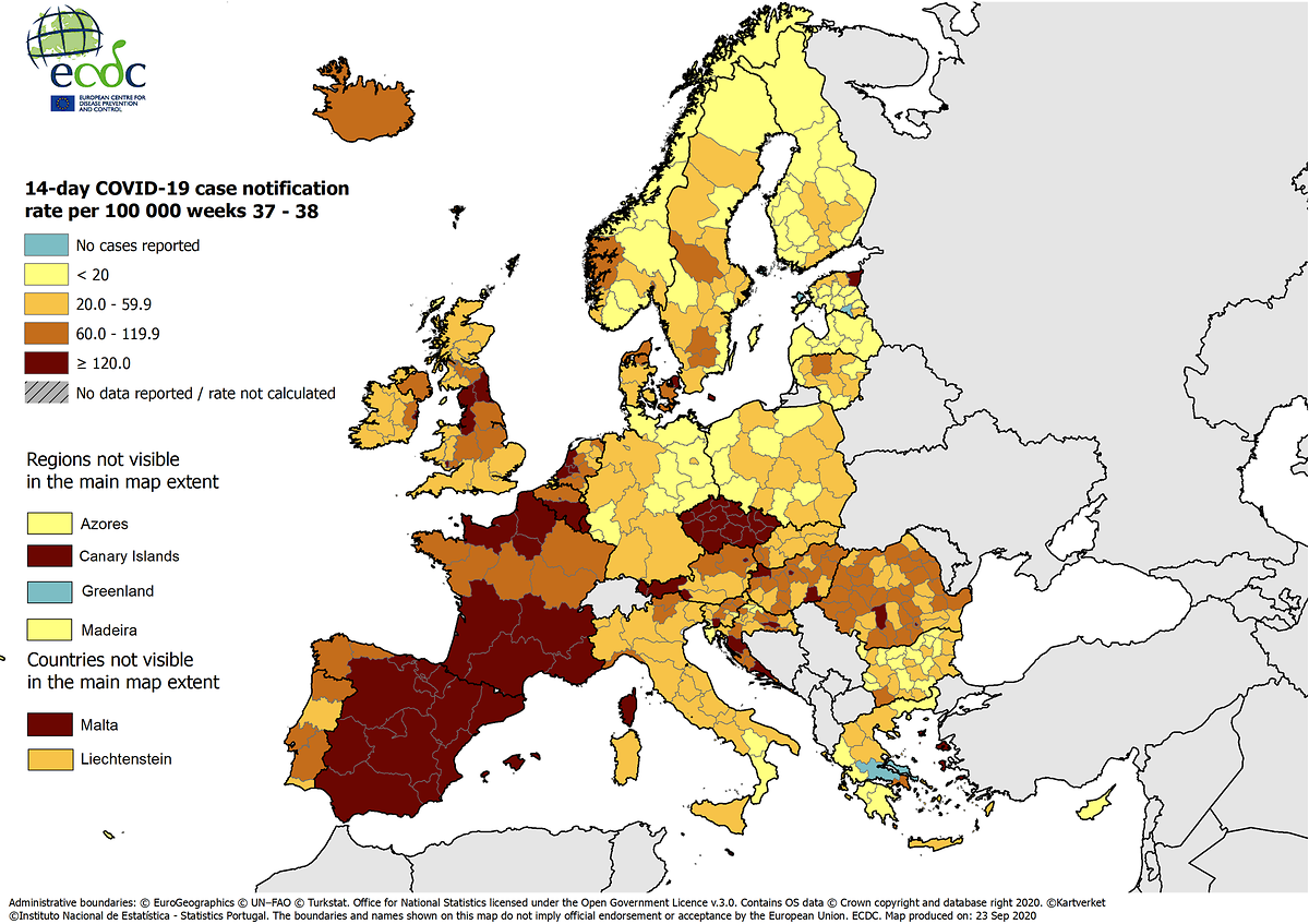 14-day rolling average of Covid-19 infections showing that Luxembourg is amongst the worst-hit countries in Europe Photo: European Centre for Disease Prevention & Control