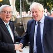 EU Commission president Jean-Claude Juncker (L) shakes hands with British Prime Minister Boris Johnson (R) prior to their meeting, on September 16, 2019 in Luxembourg - Six weeks before he is due to lead Britain out of the European Union, Prime Minister Boris Johnson meets Jean-Claude Juncker, insisting that a Brexit deal is possible. Downing Street has confidently billed the Luxembourg visit as part of efforts to negotiate an orderly divorce from the union before an October 17 EU summit. (Photo by Fran�ois WALSCHAERTS / AFP)