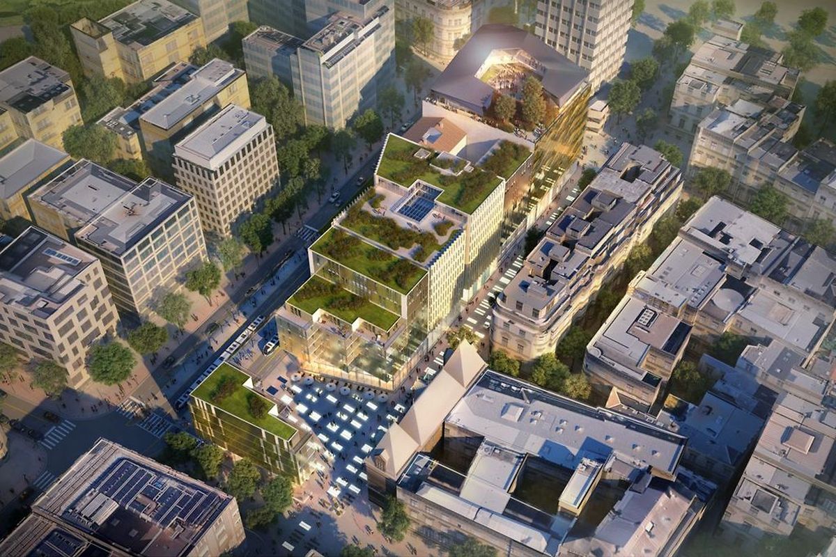 Der neue Komplex von oben. Erkennbar ist der trapezförmige Platz, an dem sich derzeit der Busbahnhof befindet.