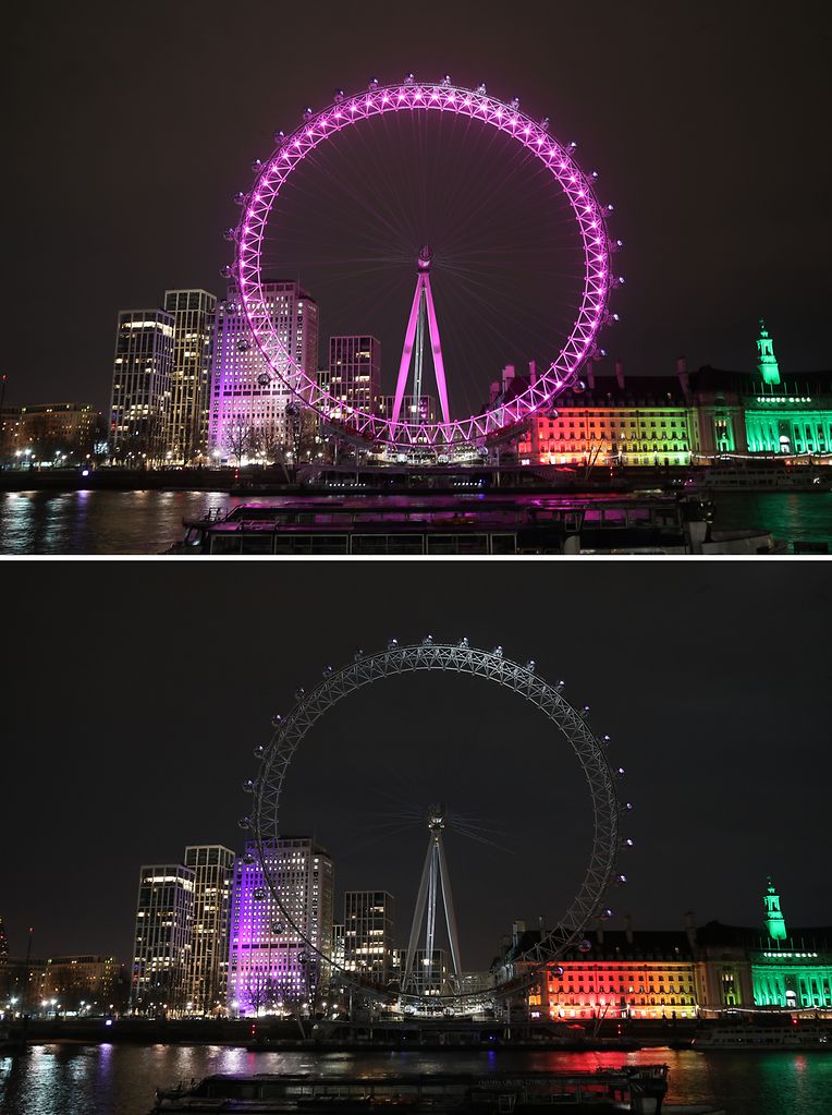Die Beleuchtung am London Eye ist vor der Earth Hour eingeschaltet (oben) und während der Earth Hour ausgeschaltet (unten).