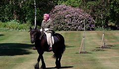 TOPSHOT - Britain's Queen Elizabeth II rides Balmoral Fern, a 14-year-old Fell Pony, in Windsor Home Park, west of London, over the weekend of May 30 and May 31, 2020. (Photo by Steve Parsons / POOL / AFP)