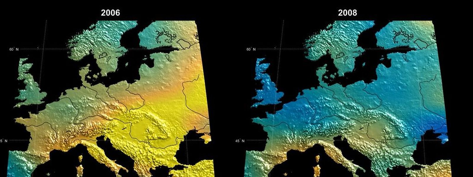 Die mithilfe der Daten vom Deutschen GeoForschungsZentrum erstellten Visualisierungen der GRACE-Satellitendaten zeigen, wo die Masse zunimmt, sprich viel Wasser im Boden ist, oder abnimmt (wenig Wasser im Boden). Erkennbar ist gelb markiert ein Flutgebiet von 2006 und in Dunkelblau ein Dürregebiet von 2008.