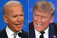 TOPSHOT - (COMBO) This combination of pictures created on September 29, 2020 shows Democratic Presidential candidate and former US Vice President Joe Biden (L) and US President Donald Trump speaking during the first presidential debate at the Case Western Reserve University and Cleveland Clinic in Cleveland, Ohio on September 29, 2020. (Photos by JIM WATSON and SAUL LOEB / AFP)