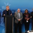 Luxair CEO Gilles Feith (left) and Transport Minister François Bausch (second from left) speak as a news conference on Tuesday about the airline shedding more jobs also attended by labour union leaders and Labour Minister Dan Kersch (second from right)