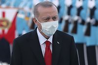 President of Turkey Recep Tayyip Erdogan welcomes Turkish-Cypriot leader during an official ceremony in Ankara, on October 26, 2020. - Newly elected Turkish Cypriot leader makes his first official visit in Ankara on October 26, 2020. (Photo by Adem ALTAN / AFP)
