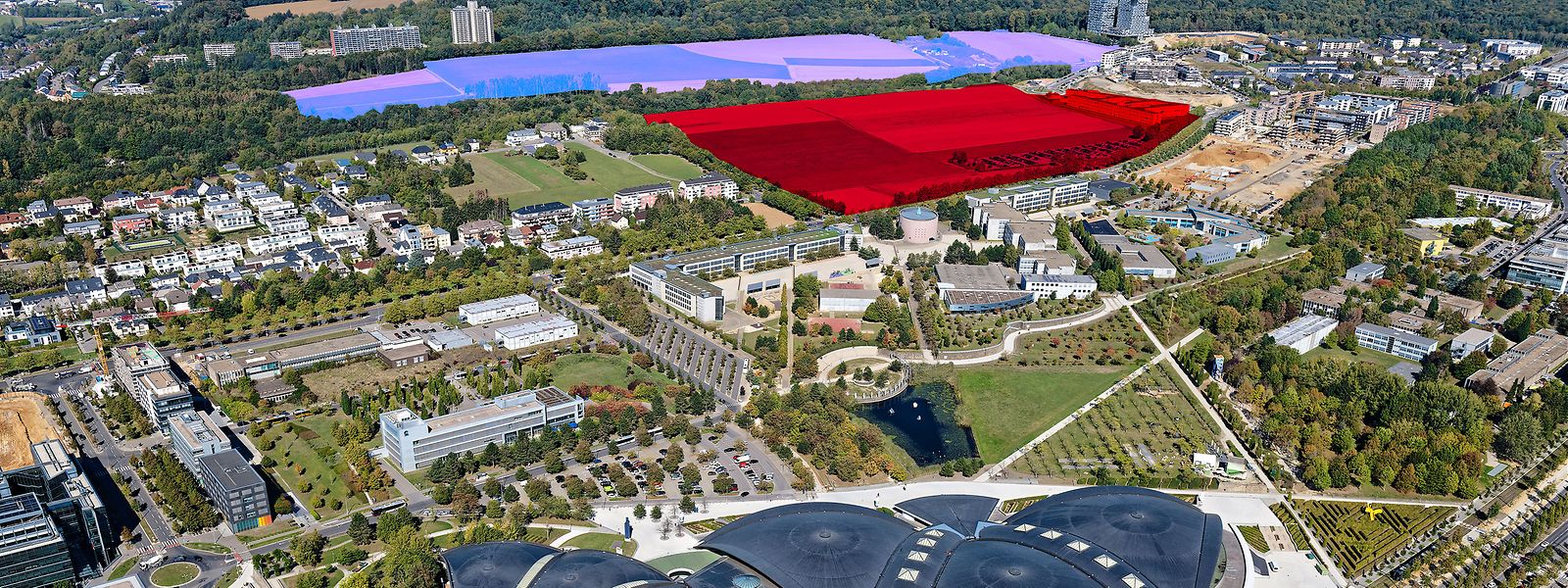 Kuebebierg (blau, 33 Hektar) und Laangfur (rot, 24 Hektar): Hier werden in den kommenden 20 Jahren 3.678 Wohnungen gebaut.  