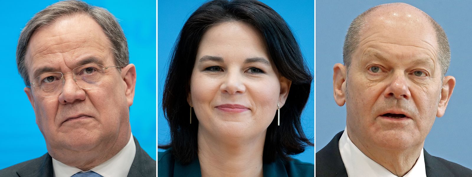 Die Spitzenkandidaten für die kommende Bundestagswahl von CDU/CSU, Armin Laschet (von l. nach r.), Bündnis 90/Die Grünen, Annalena Baerbock, und SPD, Olaf Scholz.
