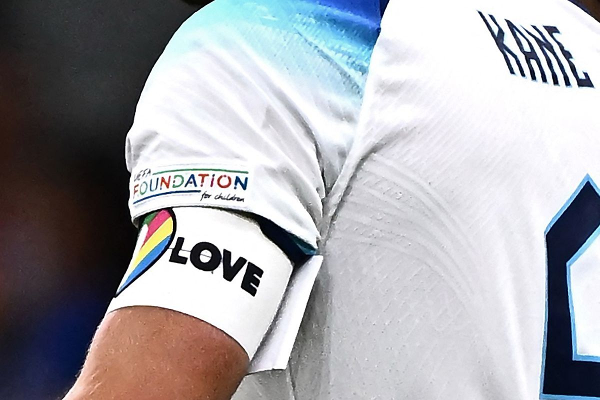 England's forward Harry Kane wearing a rainbow armband