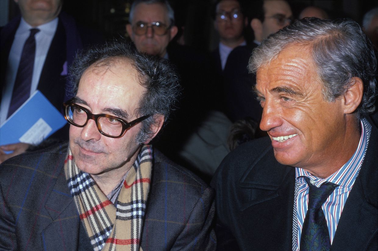 Jean-Luc Godard et Jean-Paul Belmondo le 7 février 1989 à Paris.