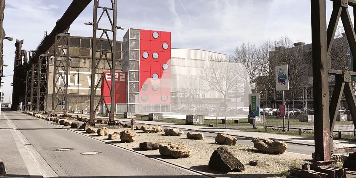 Auf dieser Grafik sind die künftigen Bürogebäude von Esch 2022 rot eingezeichnet. Die weiße Form im Vordergrund stellt das „Skip“-Gebäude dar, das von Raemerich nach Belval umziehen wird. 