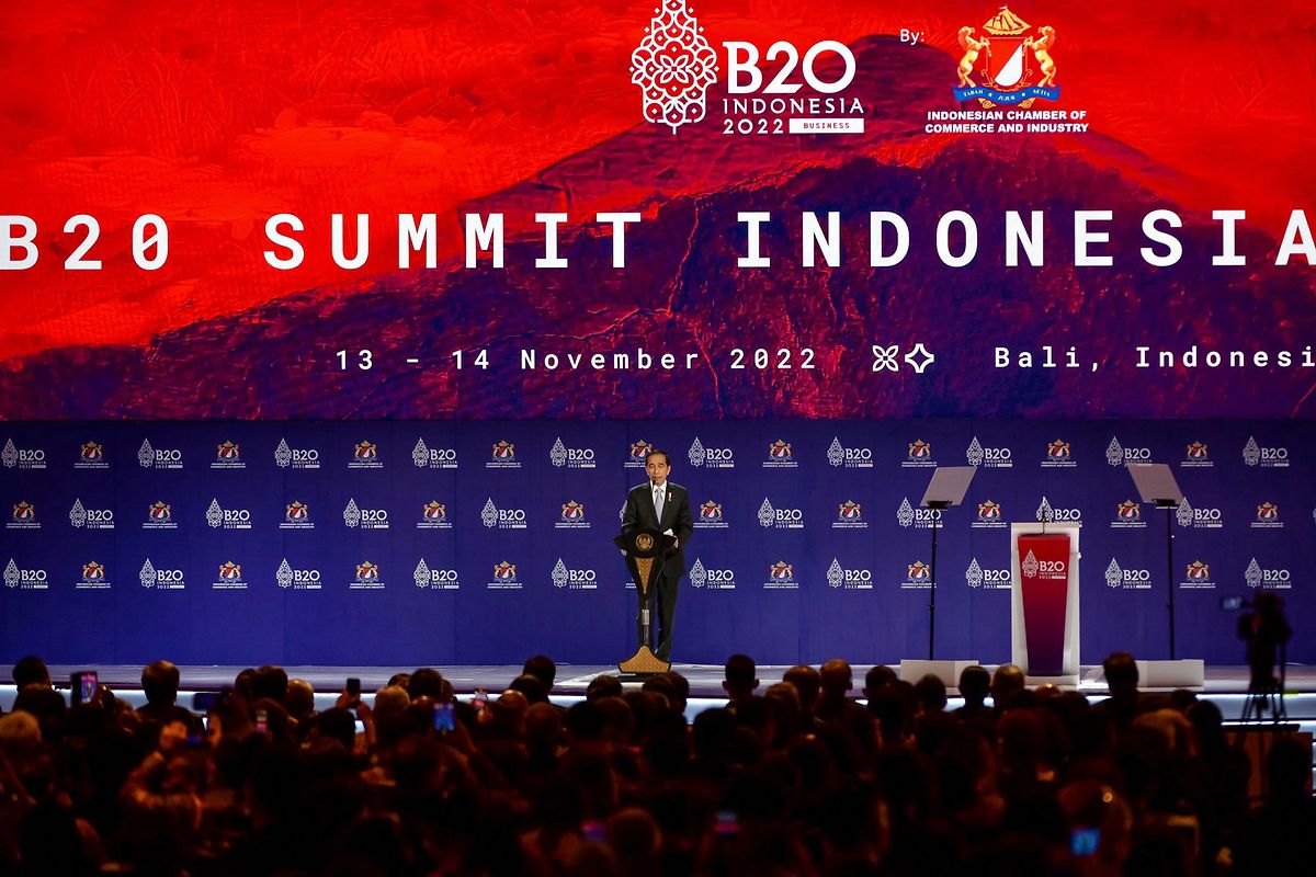 Indonesian President Joko Widodo delivers his closing speech during the B20 Summit, part of the G20 dialogue