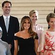 (Front row LtoR) First Lady of Turkey Emine Gulbaran Erdogan, First Lady of the US Melania Trump, Queen Mathilde of Belgium, (back row, LtoR) First Gentleman of Luxembourg Gauthier Destenay, partner of Slovenia's Prime Minister Mojca Stropnik and First Lady of Iceland Thora Margret Baldvinsdottir pose for a family photo before a diner of the First Ladies and Queen at the Royal castle in Laken/Laeken, on May 25, 2017, in Brussels. / AFP PHOTO / BELGA / YORICK JANSENS / Belgium OUT