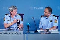 Chief of Police Beate Gangaas (L) and police lawyer Boerge Enoksen address a press conference in connection with the shooting in the early hours of the morning near a gay bar in Oslo on June 25, 2022. - Norway's domestic intelligence service PST, which is responsible for counter-terrorism, said that it was treating a deadly overnight shooting near a gay bar in Oslo as "an act of Islamist terrorism". (Photo by H�kon Mosvold Larsen / NTB / AFP) / Norway OUT