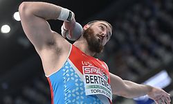 Luxembourg's Bob Bertemes competes in the men's Shot Put heats at the 2021 European Athletics Indoor Championships in Torun on March 5, 2021. (Photo by ANDREJ ISAKOVIC / AFP)