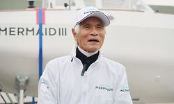 In this picture taken on January 24, 2022, Japanese sailor and adventurer Kenichi Horie addresses the media in front of his yacht before leaving for the United States, in Nishinomiya of Hyogo Prefecture. - 83-year-old yachtsman Horie arrived in Japan early on June 4, 2022, after a solo, non-stop trip across the Pacific, becoming the oldest person ever to achieve the feat. (Photo by JIJI PRESS / AFP) / Japan OUT