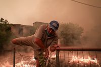 08.08.2021, Griechenland, Evia Island: Ein Mann rettet sich während der Löscharbeiten eines Waldbrandes im Dorf Pefki auf der Insel Euböa über einen Zaun. Die Lage wird immer bedrohlicher: Auf der griechischen Insel Euböa stehen auch am siebten Tag gewaltige Waldflächen in Flammen, die Brände breiten sich unkontrolliert aus. Foto: Eurokinissi/Eurokinissi via ZUMA Press Wire/dpa +++ dpa-Bildfunk +++