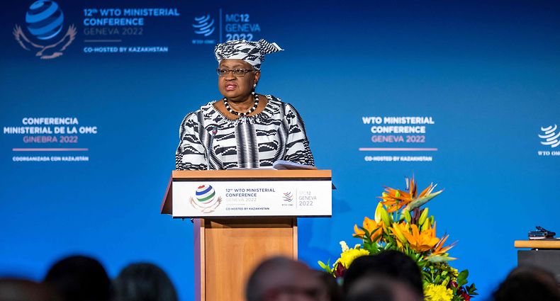 Nigerian Director General of the World Trade Organisation (WTO), Ngozi Okonjo-Iweala, speaks at the opening ceremony of the 12th Ministerial Conference (MC12) taking place from June 12-15, in Geneva, at the headquarters of the World Trade Organization (WTO), in Geneva, on June 12, 2022. (Photo by MARTIAL TREZZINI / POOL / AFP)