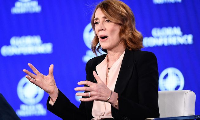 Google Chief Financial Officer Ruth Porat  speaks during a conference on 2 May in Beverly Hills, California