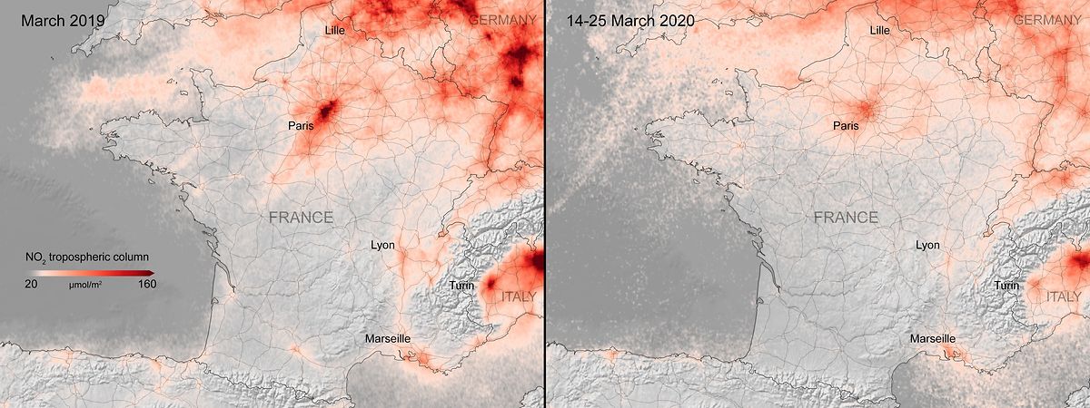 Die Stickstoffdioxid-Konzentrationen für Frankreich im Normalfall (links) und während der vergangenen zehn Tage (rechts).
